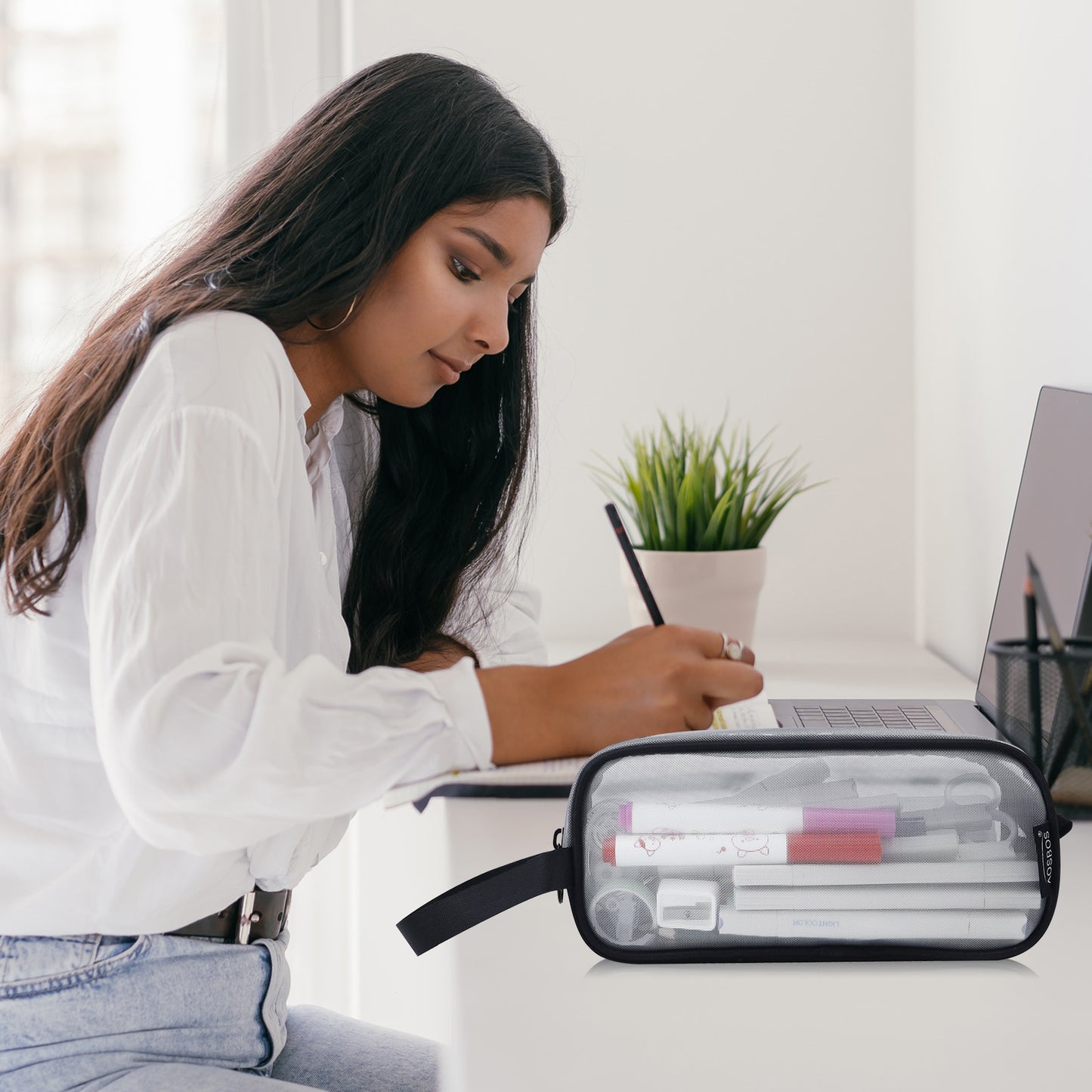 Aosbos Clear Mesh Pencil Case, Transparent Pen Holder, Multi-Purpose Organizer with Portable Strap, White and Black - Aosbos Direct