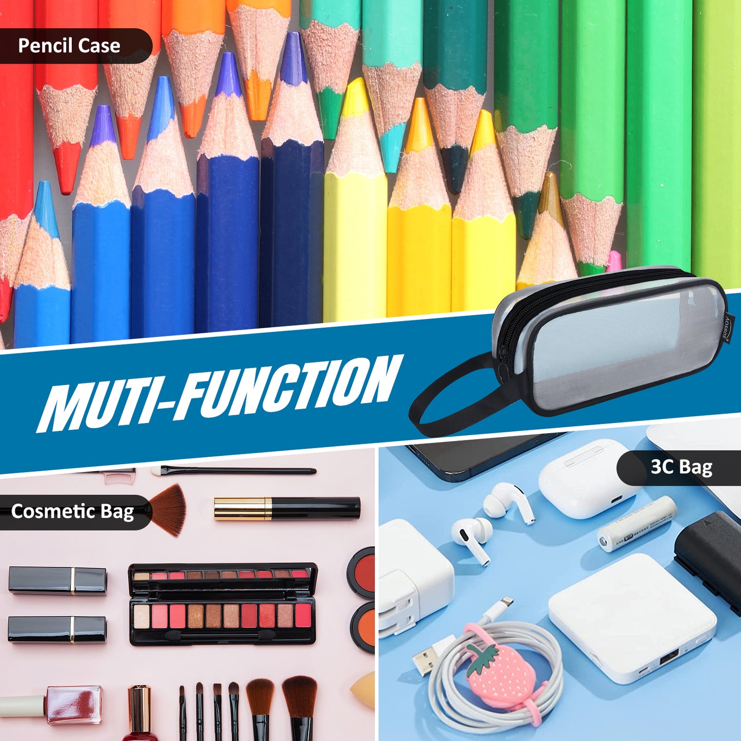Aosbos Clear Mesh Pencil Case, Transparent Pen Holder, Multi-Purpose Organizer with Portable Strap, White and Black - Aosbos Direct