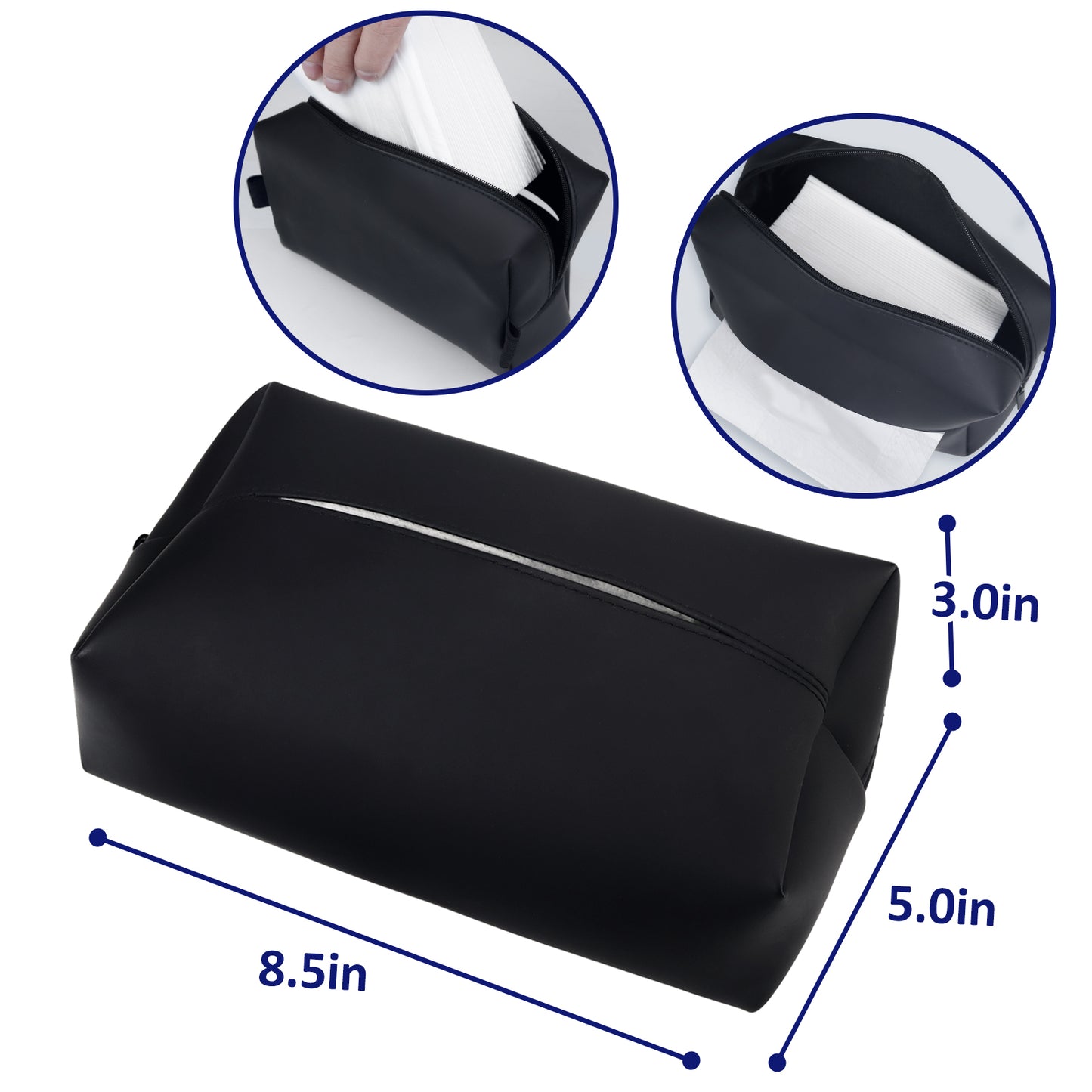 Aosbos Large Car Tissue Holder - Fits 120 Standard Tissue Boxes, PU Leather, Adjustable Elastic Band, Easy Installation for Backseat & Armrest - Black - Aosbos Direct