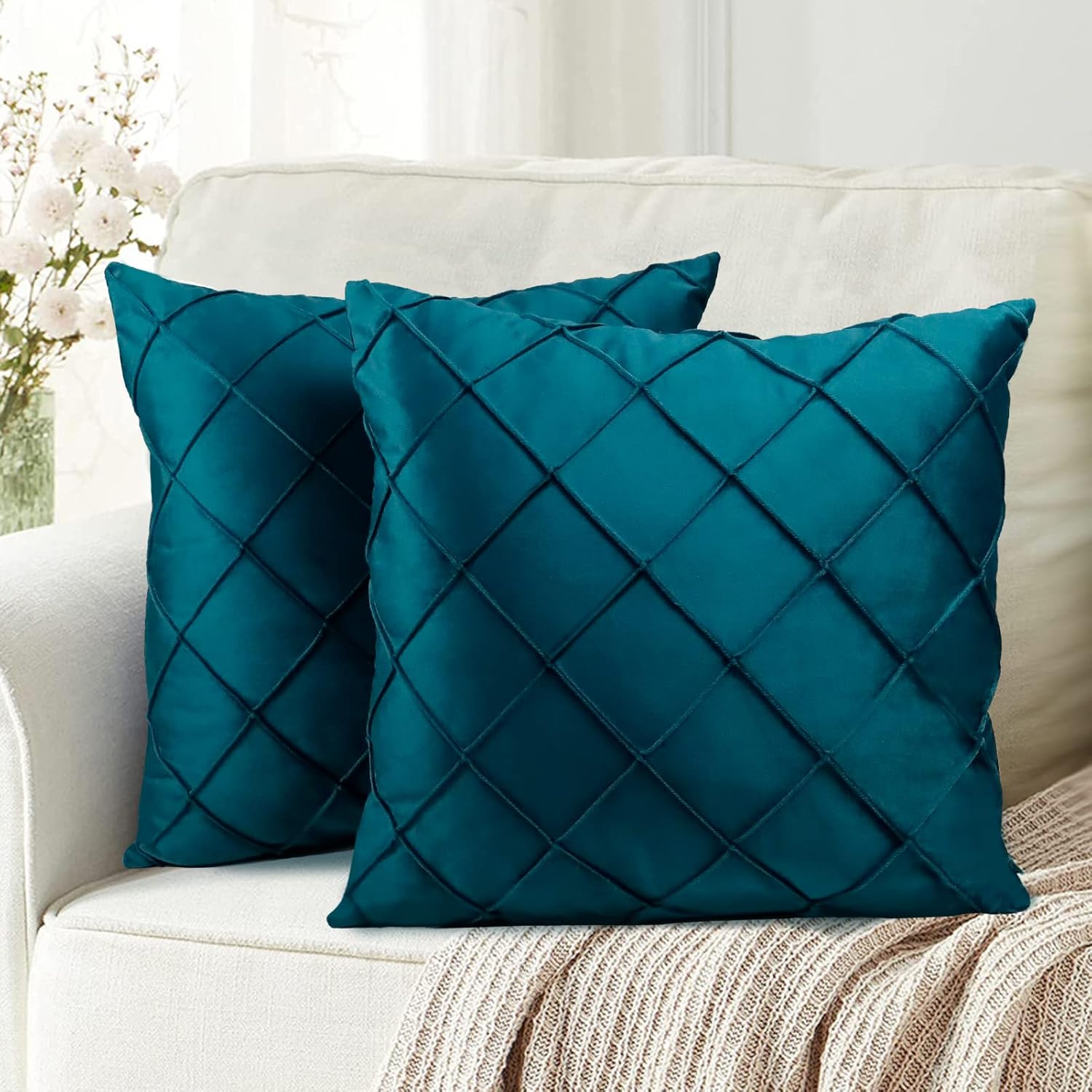 Aosbos Velvet Throw Pillow Cover 18x18, Soft Luxury Cushion Covers for Couch, Bed, Living Room, Set of 2, Teal - Aosbos Direct