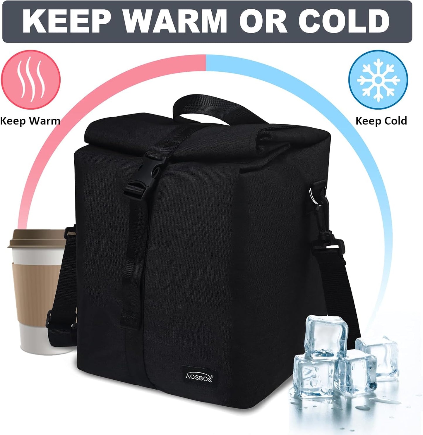 Aosbos Insulated Foldable Lunch Bag - Rolltop Design, Adjustable Shoulder Strap, Reusable for Work, Office, Picnic, Hiking, Beach - Black - Aosbos Direct