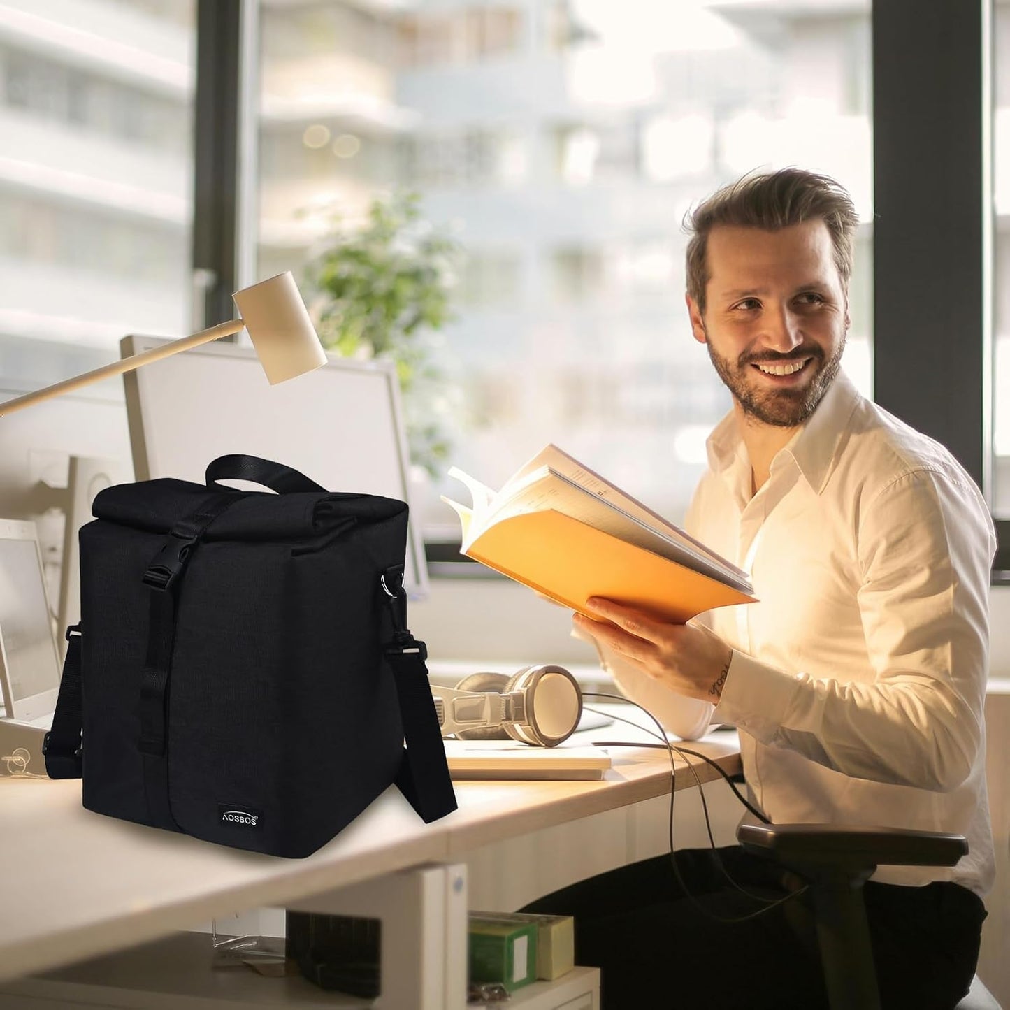 Aosbos Insulated Foldable Lunch Bag - Rolltop Design, Adjustable Shoulder Strap, Reusable for Work, Office, Picnic, Hiking, Beach - Black - Aosbos Direct