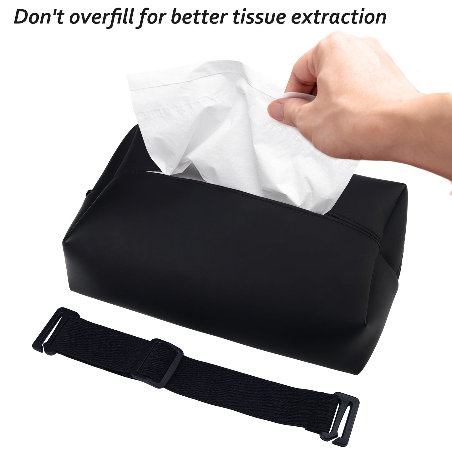 Aosbos Large Car Tissue Holder - Fits 120 Standard Tissue Boxes, PU Leather, Adjustable Elastic Band, Easy Installation for Backseat & Armrest - Black - Aosbos Direct