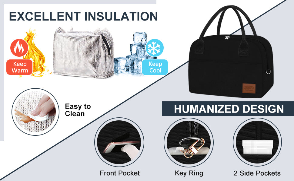 Aosbos Insulated Lunch Box for Women - Thermal Lunch Tote Cooler Bag, Reusable Meal Prep Container, Black - Aosbos Direct