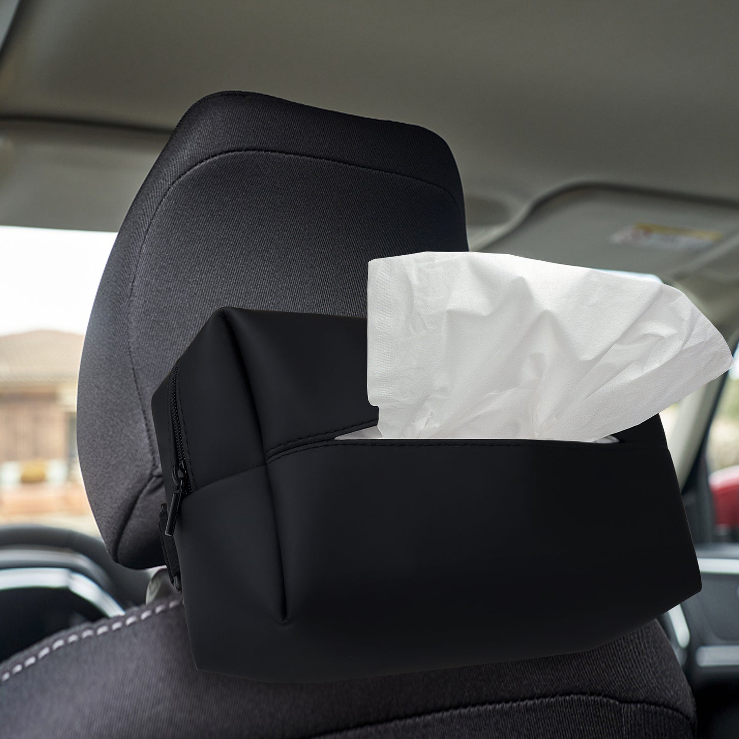 Aosbos Large Car Tissue Holder - Fits 120 Standard Tissue Boxes, PU Leather, Adjustable Elastic Band, Easy Installation for Backseat & Armrest - Black - Aosbos Direct