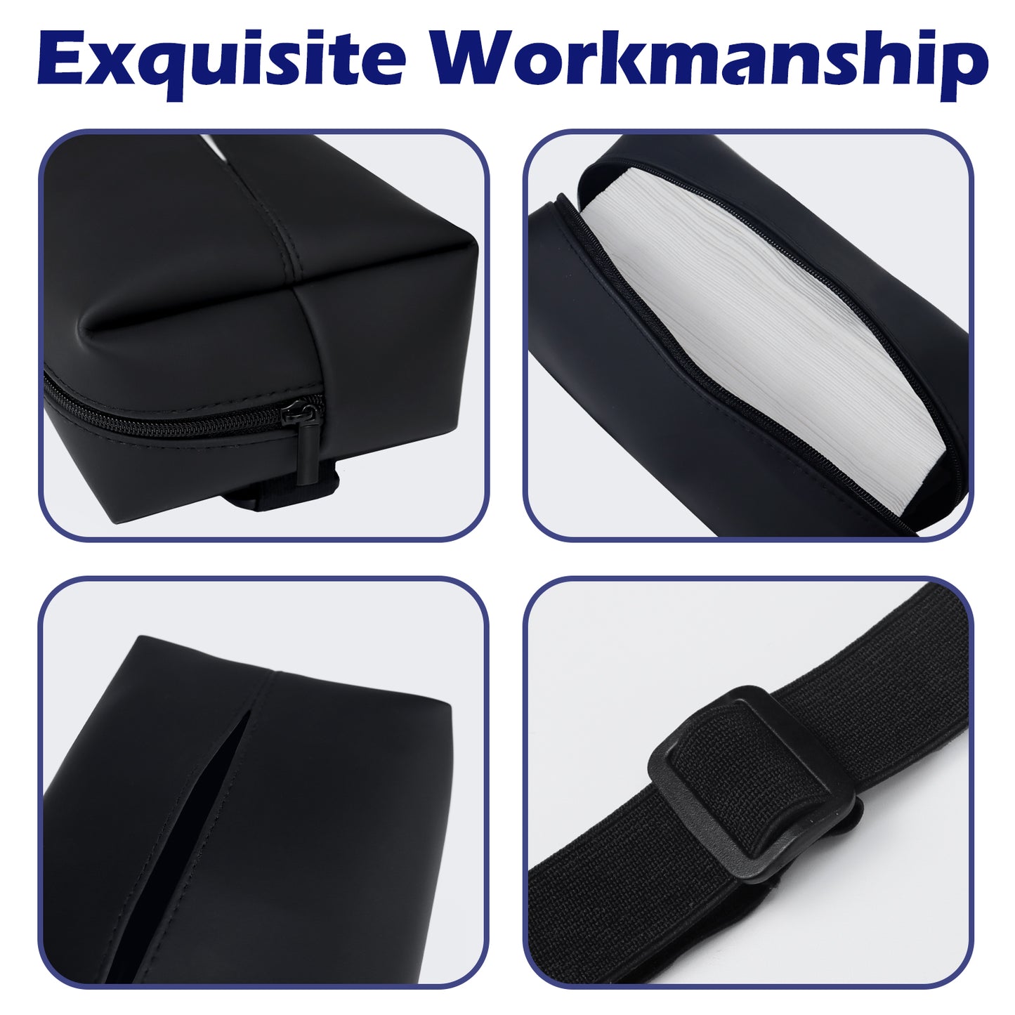 Aosbos Large Car Tissue Holder - Fits 120 Standard Tissue Boxes, PU Leather, Adjustable Elastic Band, Easy Installation for Backseat & Armrest - Black - Aosbos Direct