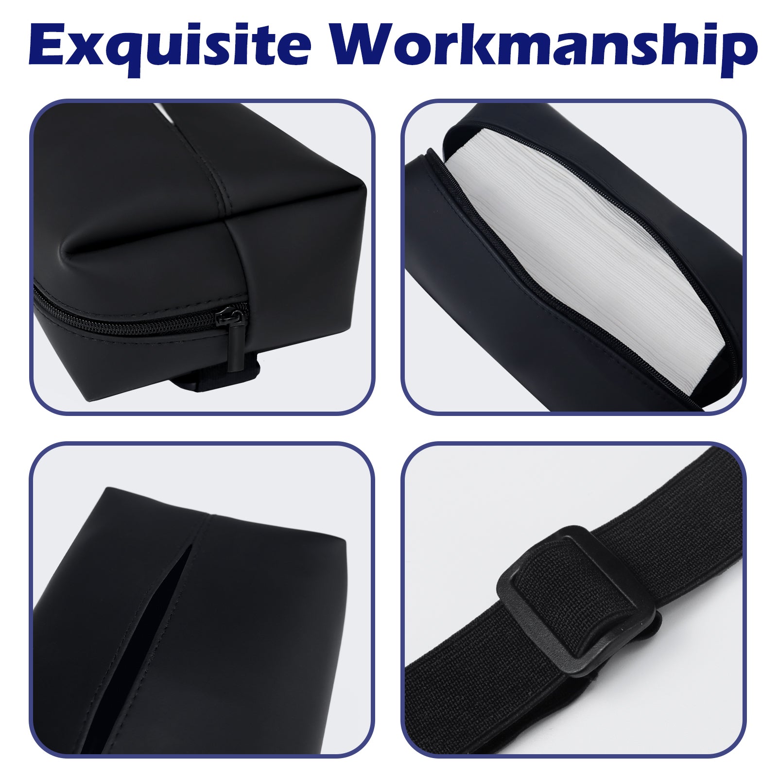 Aosbos Large Car Tissue Holder - Fits 120 Standard Tissue Boxes, PU Leather, Adjustable Elastic Band, Easy Installation for Backseat & Armrest - Black - Aosbos Direct