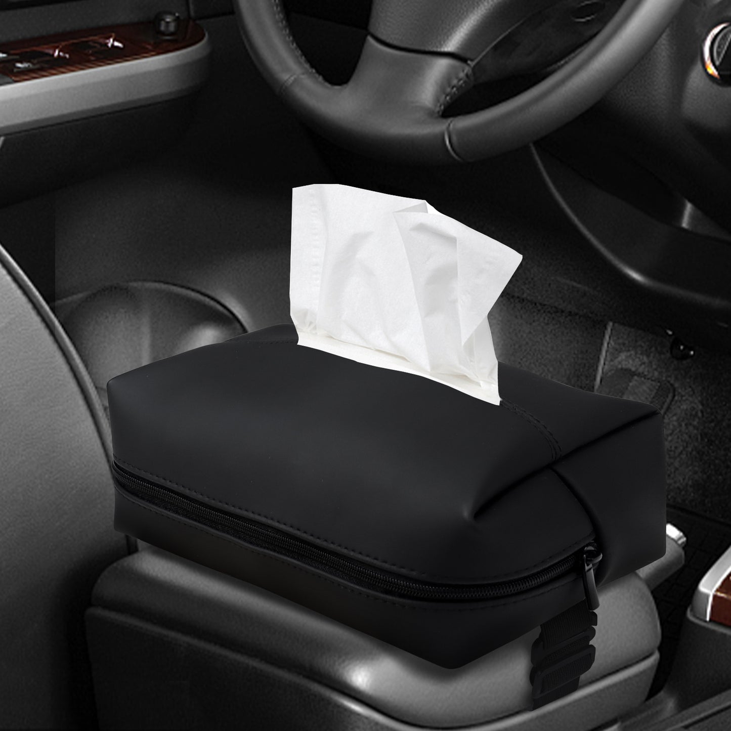 Aosbos Large Car Tissue Holder - Fits 120 Standard Tissue Boxes, PU Leather, Adjustable Elastic Band, Easy Installation for Backseat & Armrest - Black - Aosbos Direct