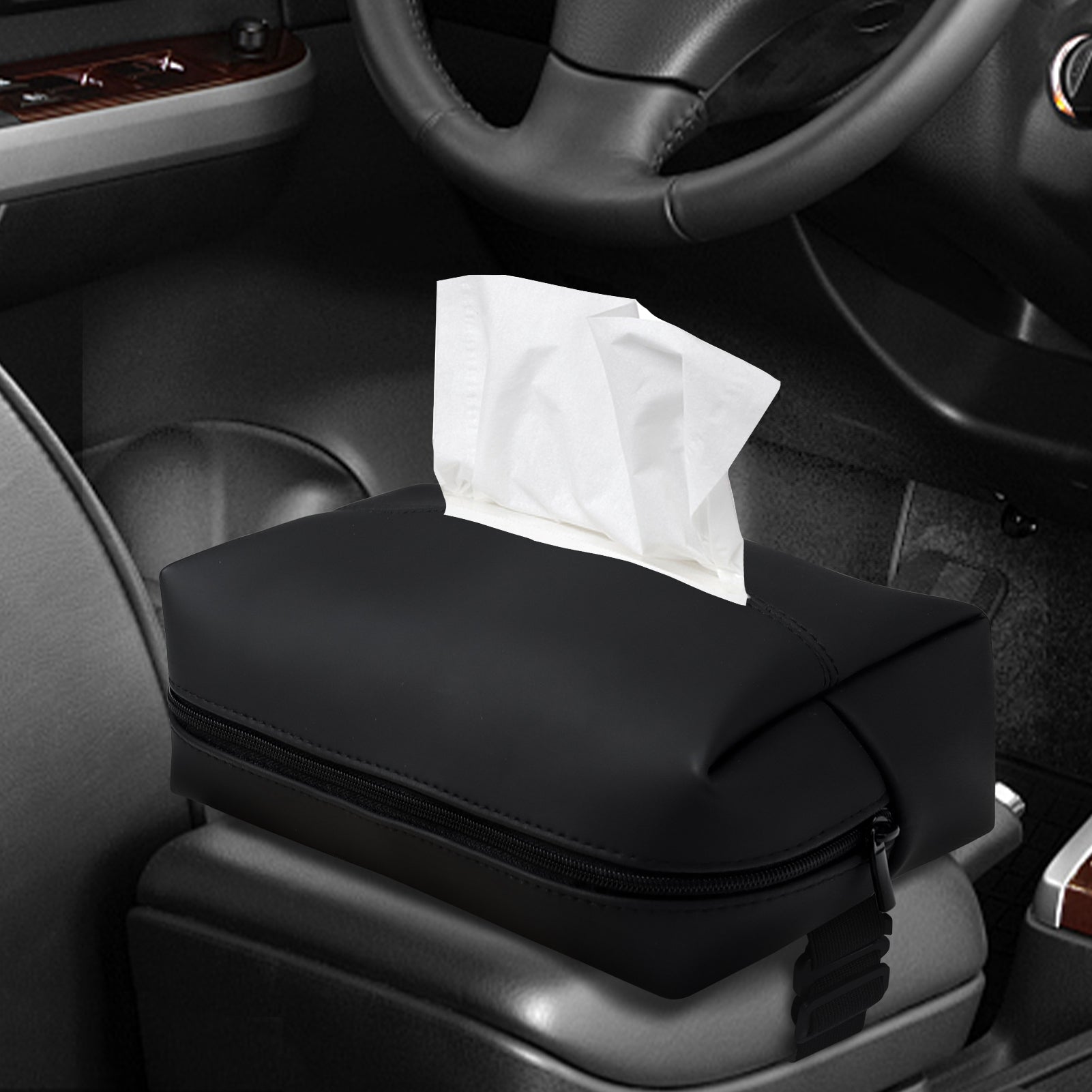 Aosbos Large Car Tissue Holder - Fits 120 Standard Tissue Boxes, PU Leather, Adjustable Elastic Band, Easy Installation for Backseat & Armrest - Black - Aosbos Direct