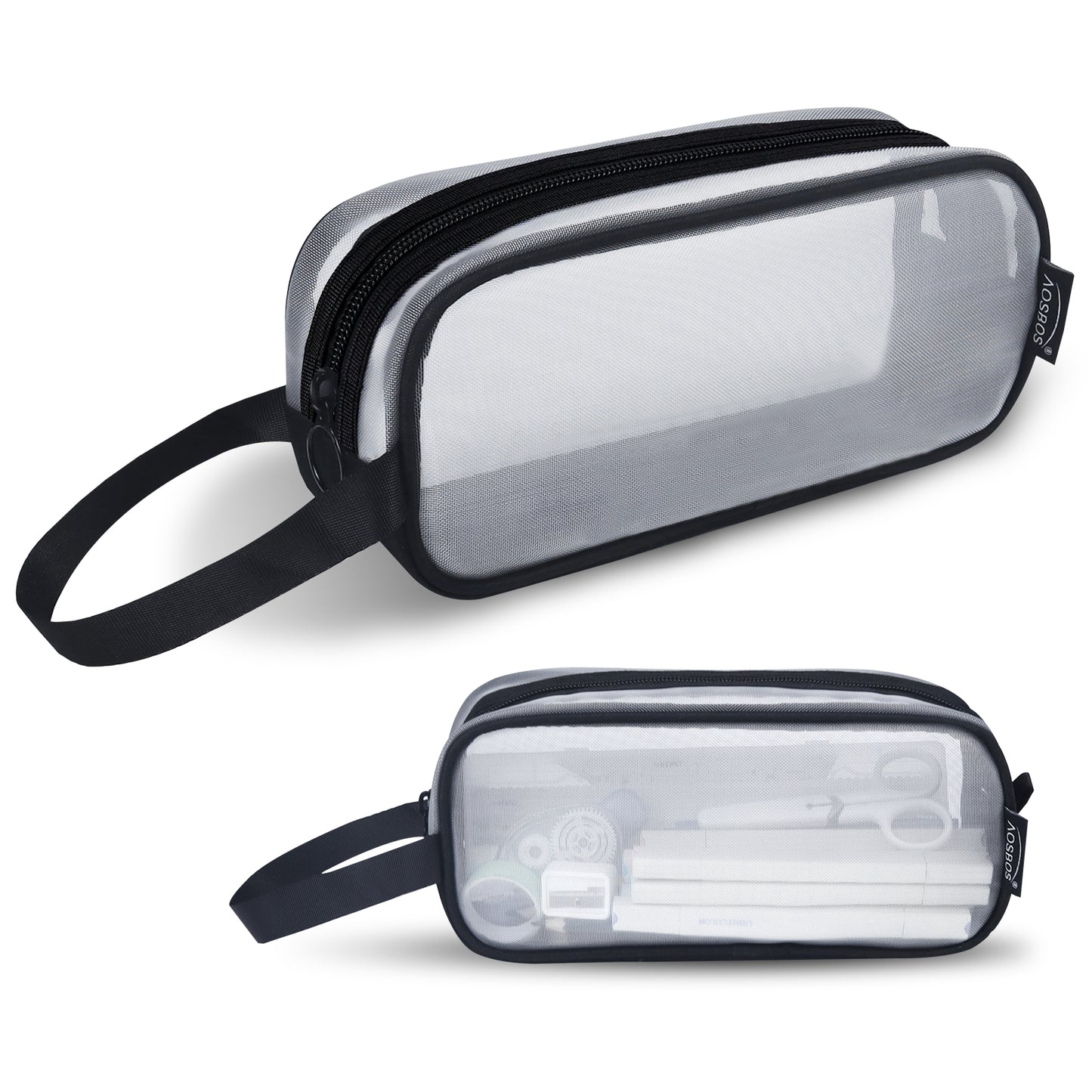 Aosbos Clear Mesh Pencil Case, Transparent Pen Holder, Multi-Purpose Organizer with Portable Strap, White and Black - Aosbos Direct