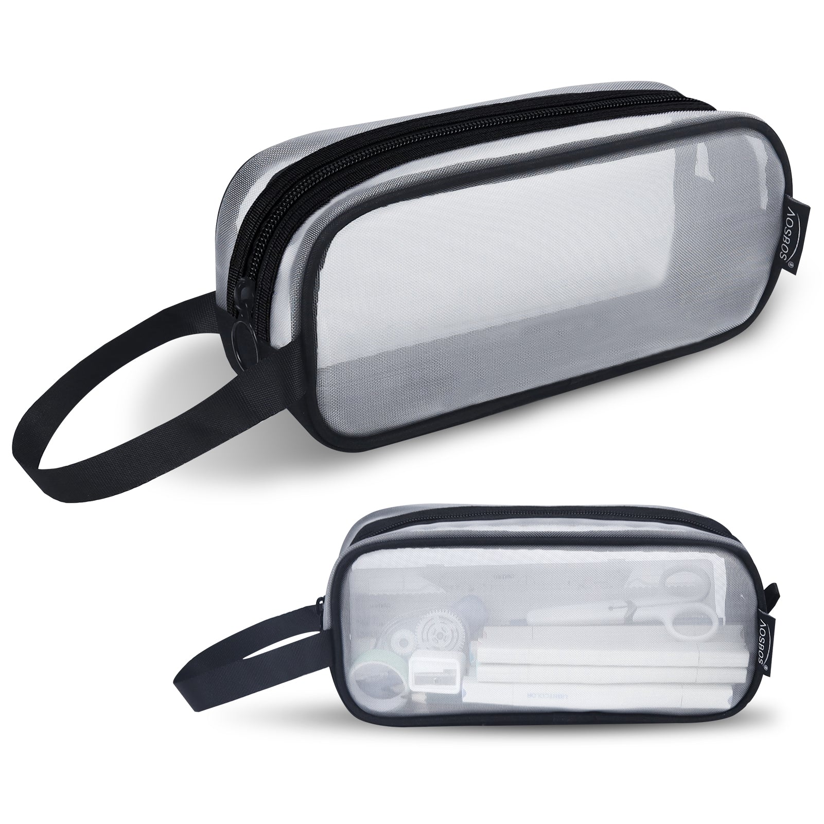 Aosbos Clear Mesh Pencil Case, Transparent Pen Holder, Multi-Purpose Organizer with Portable Strap, White and Black - Aosbos Direct