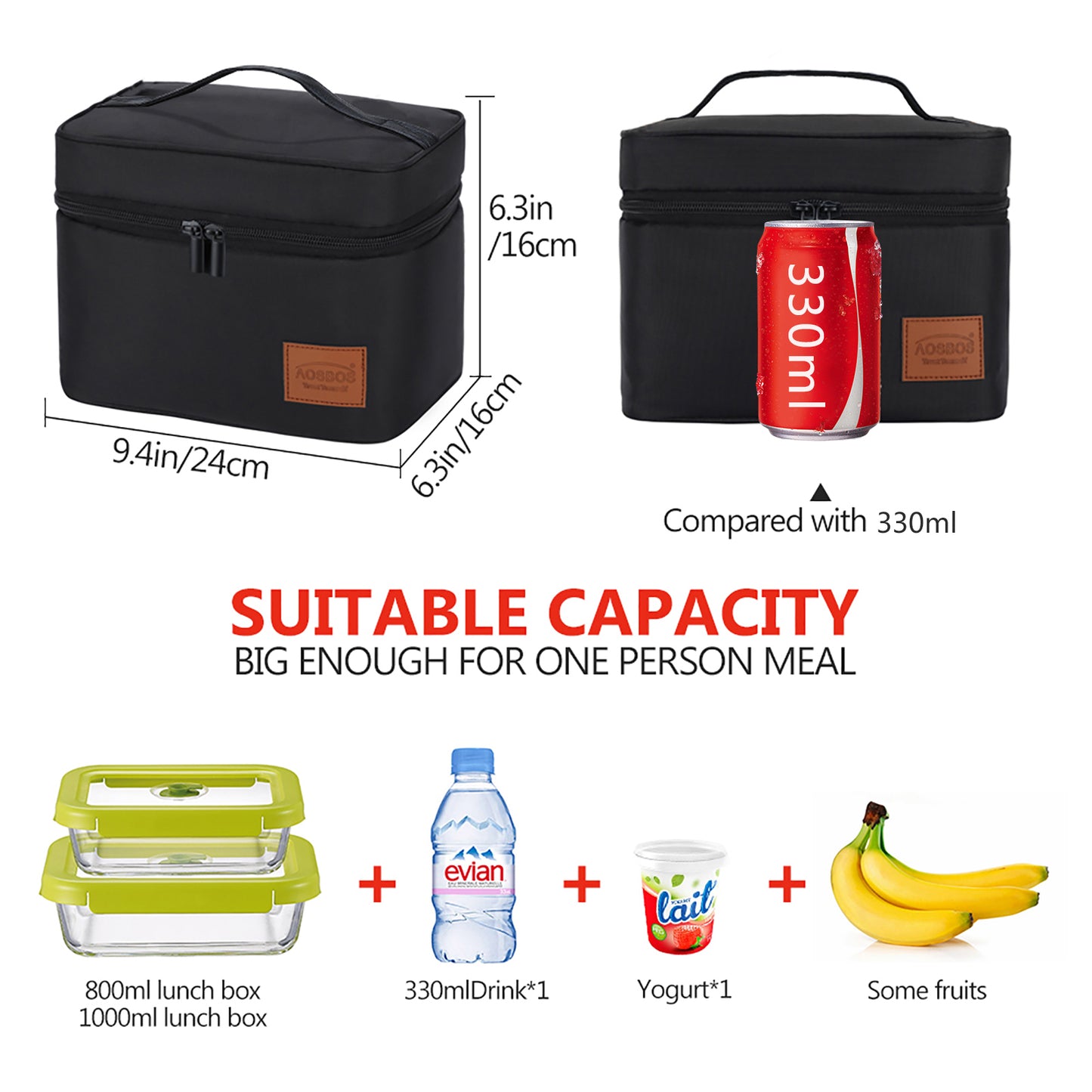 Aosbos Insulated Lunch Box Bag for Men & Women, 7.5L Thermal Cooler for Meal Prep, Bento Box, Work & Picnic, Black - Aosbos Direct
