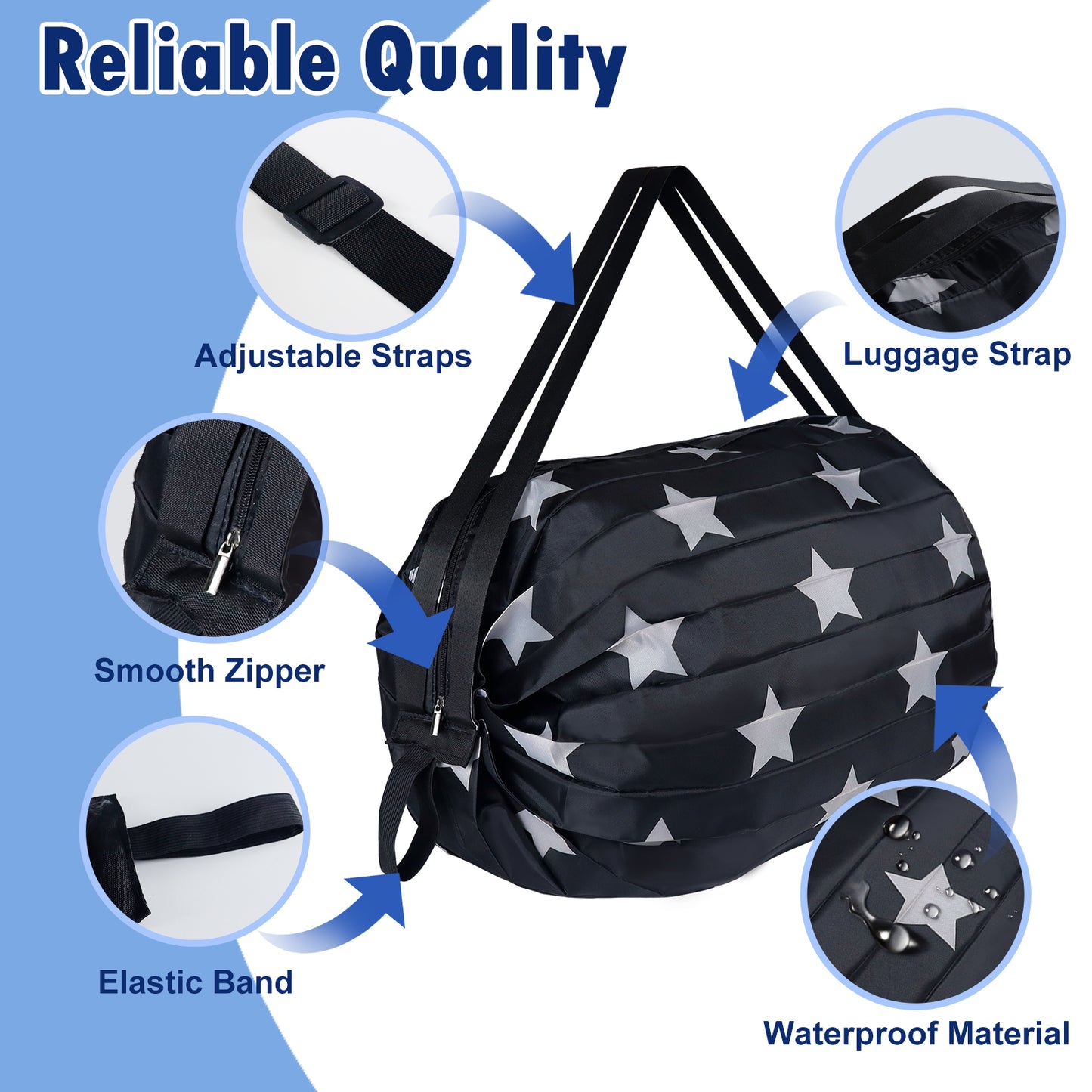 Aosbos Foldable Duffle Bag - Waterproof, Reusable Travel & Gym Backpack, Weekend Tote, Black Star - Aosbos Direct