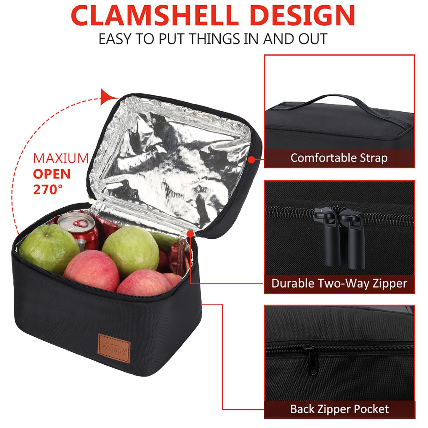 Aosbos Insulated Lunch Box Bag for Men & Women, 7.5L Thermal Cooler for Meal Prep, Bento Box, Work & Picnic, Black - Aosbos Direct