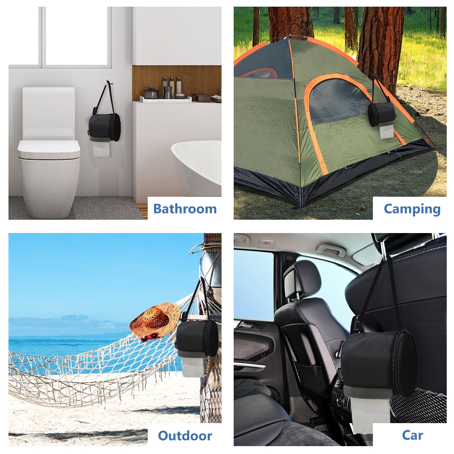 AOSBOS Hanging Toilet Paper Holder Waterproof Tissue Holder Cat Proof Roll Paper Case Cover Portable and Foldable Roll Storage Bag with Adjustable Strap for Wall Car Camping Tent Home Office Black - Aosbos Direct