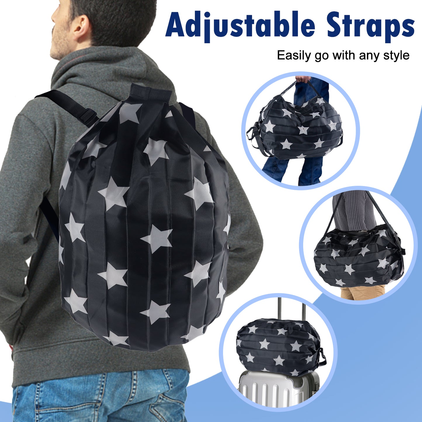 Aosbos Foldable Duffle Bag - Waterproof, Reusable Travel & Gym Backpack, Weekend Tote, Black Star - Aosbos Direct