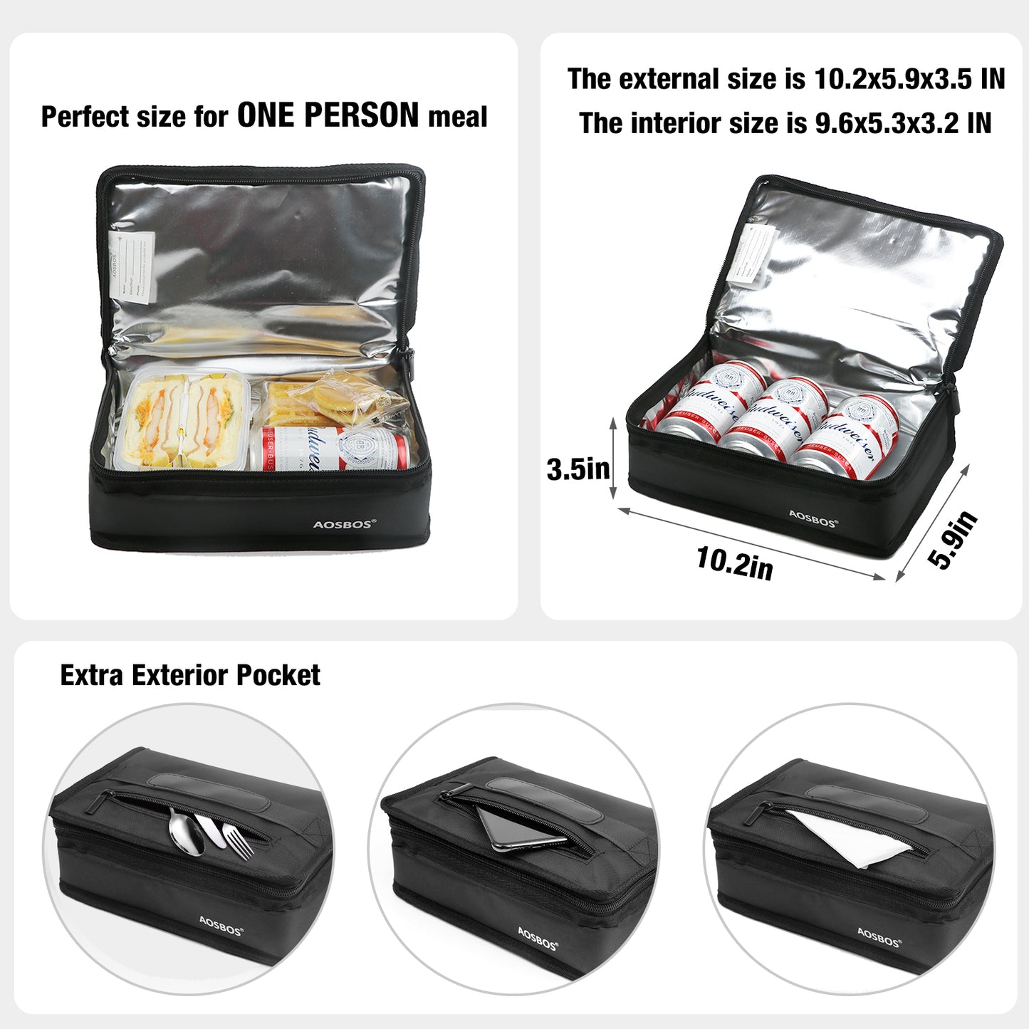 Aosbos Insulated Lunch Bag - Compact Thermal Mini Cooler for Men, Women, and Kids - Reusable Snack & Sandwich Storage - Black - Aosbos Direct