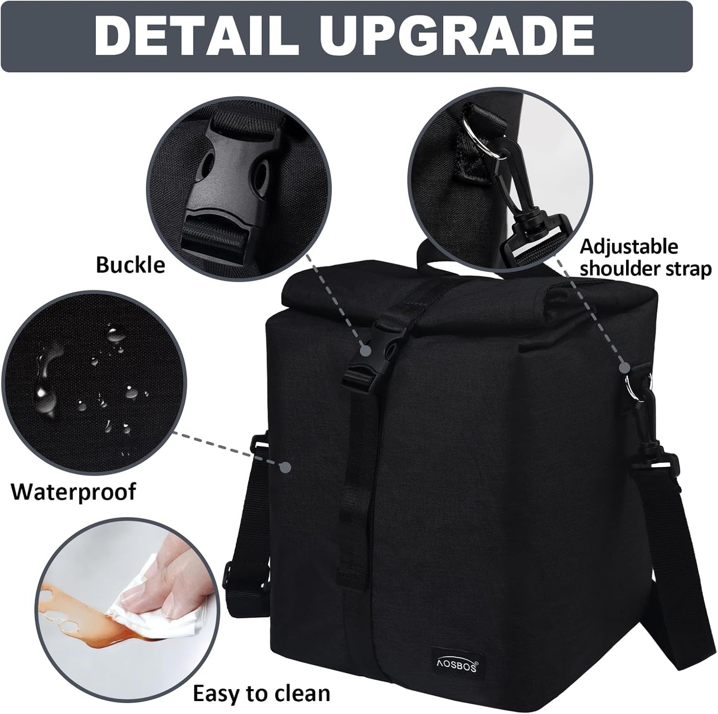 Aosbos Insulated Foldable Lunch Bag - Rolltop Design with Adjustable Shoulder Strap, Reusable Lunch Box for Men, Women, Adults, Work, Office, Picnic, Hiking, and Beach- Black