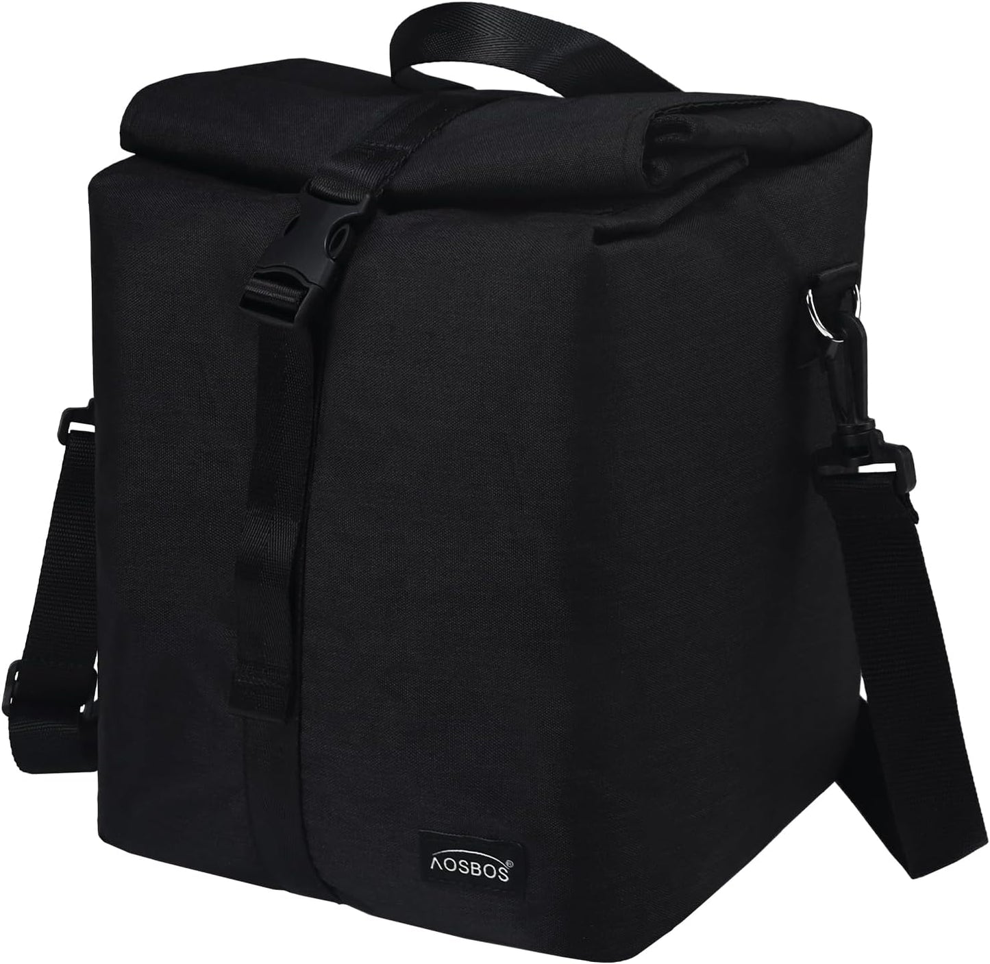 Aosbos Insulated Foldable Lunch Bag - Rolltop Design with Adjustable Shoulder Strap, Reusable Lunch Box for Men, Women, Adults, Work, Office, Picnic, Hiking, and Beach- Black