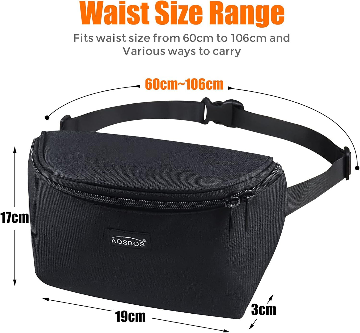 Aosbos Fanny Packs for Women Men Fanny Pack Cross Body Bags Belt Bag Waist Pack Bum Bag Hip Pack Crossbody Bag (Black)