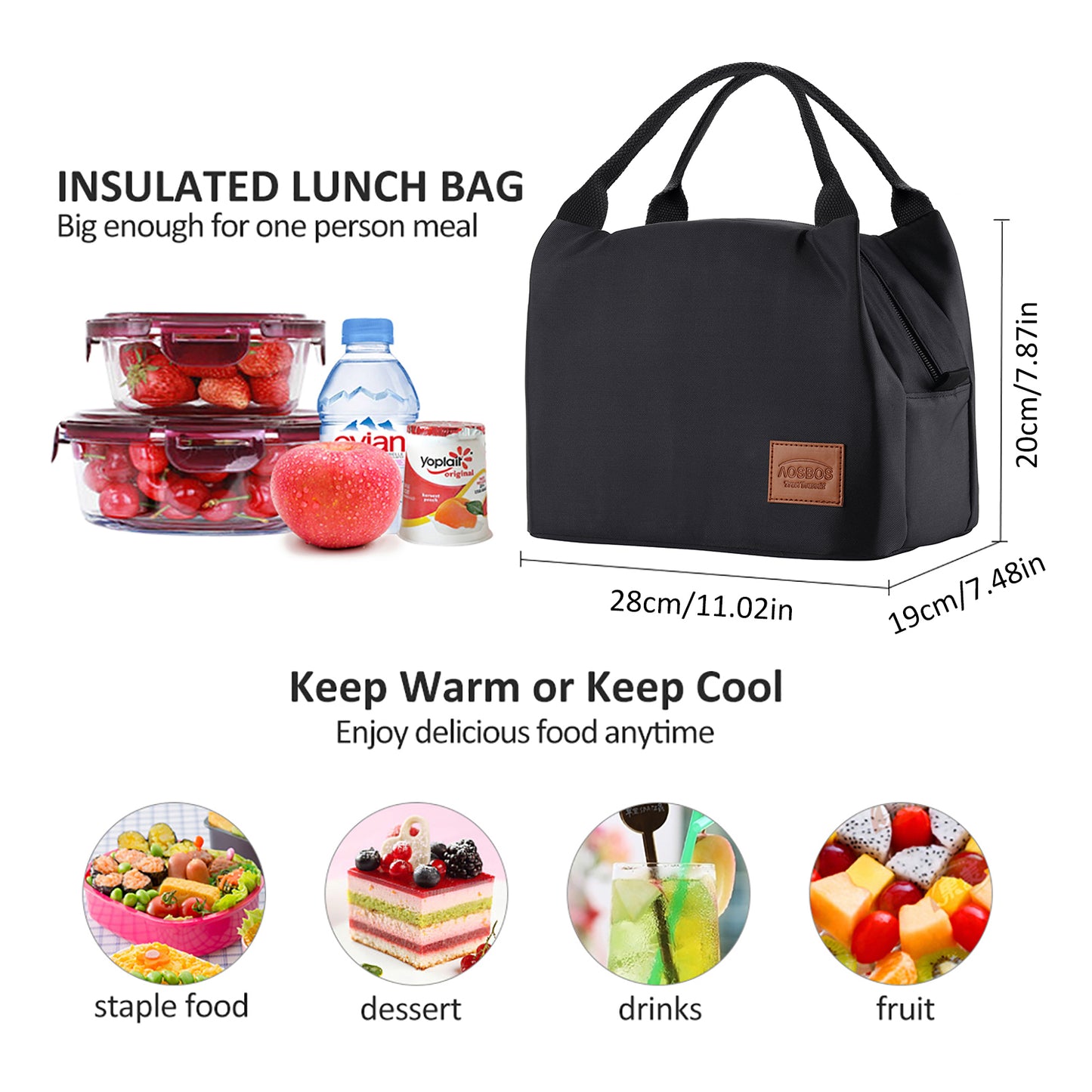 AOSBOS Insulated Lunch Bag for Women & Men - Tote Food Cooler Box